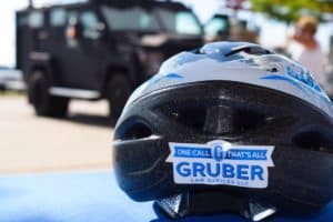 Closeup of a helmet with a gruber law decal