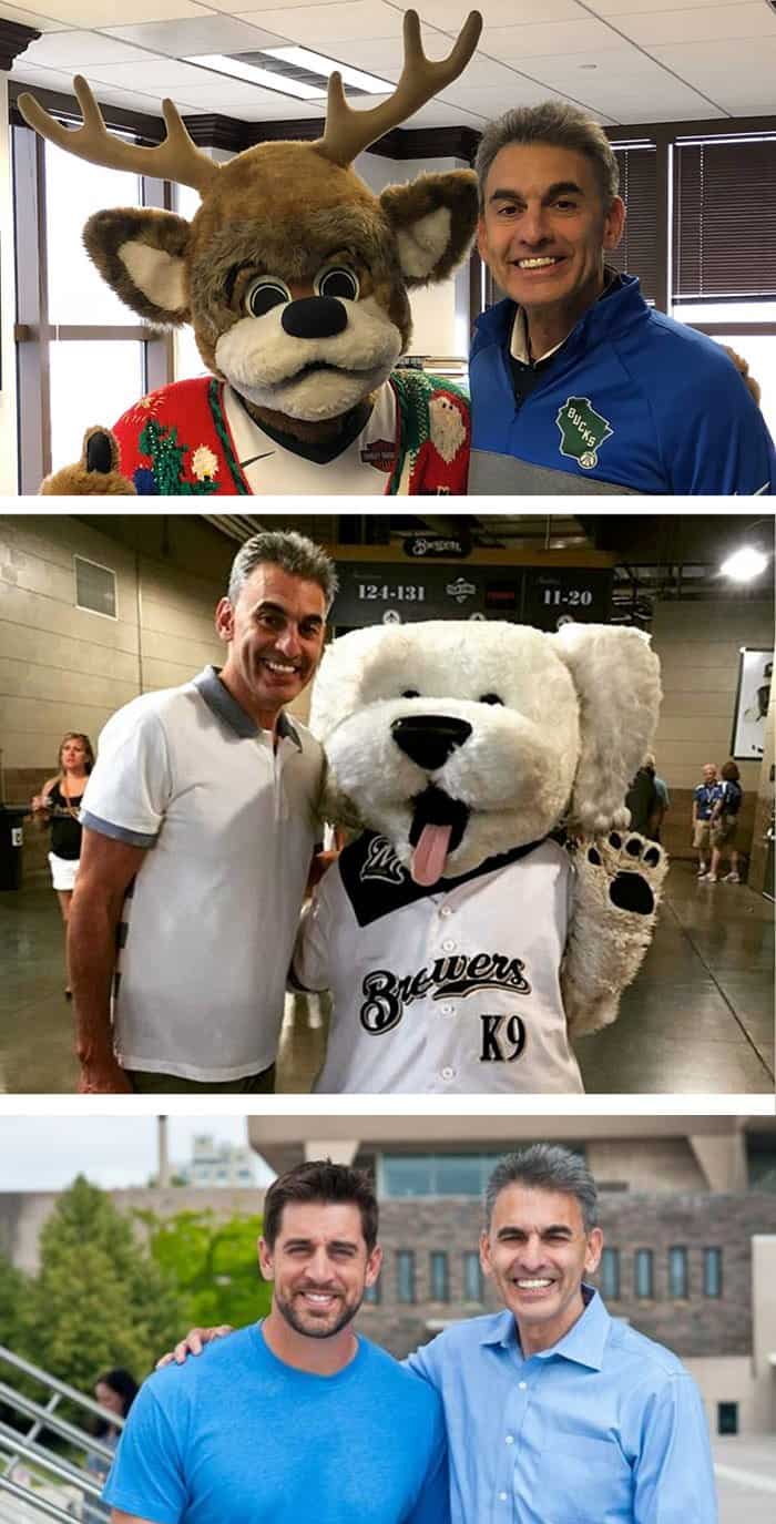 David Gruber with Aaron Rogers and mascots