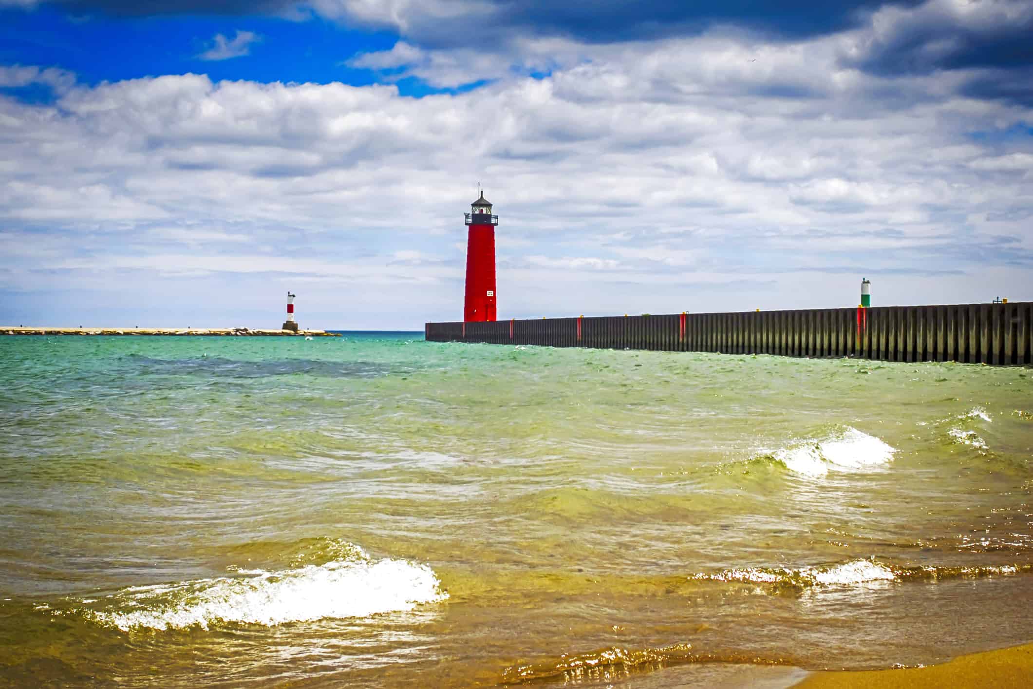 Red lighthouse at the entrance to Kenosha harbor in Wisconsin