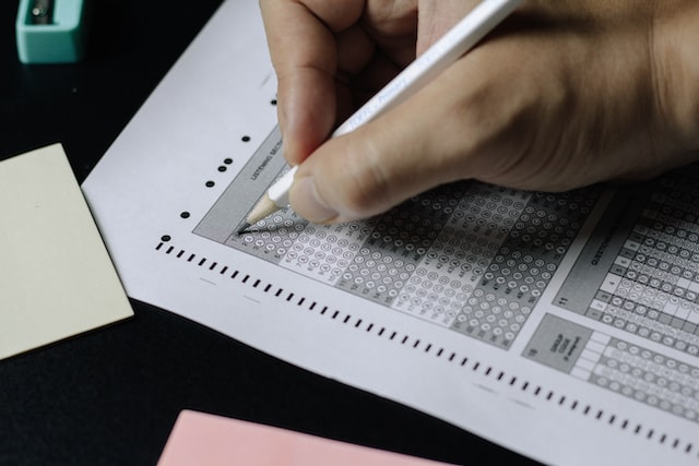 close up of a multiple choice exam sheet with bubbles to fill