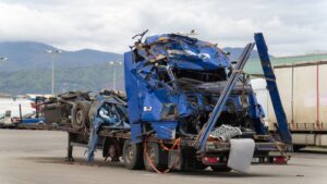 People look at a crushed blue semi-truck and wonder: What are the most common types of truck accidents?